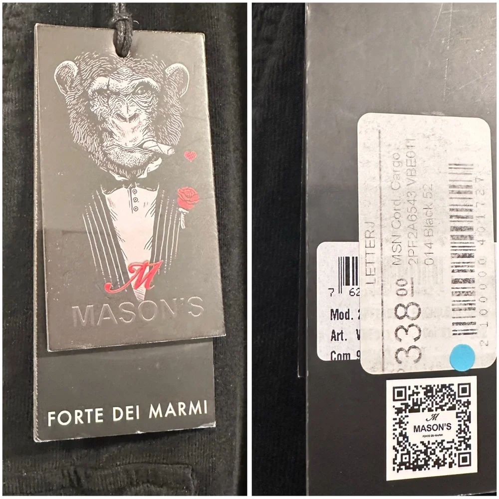 Mason's Forte Dei Marmi Men’s Black Corduroy Chile Jogger Cargo Pants Size52 NWT